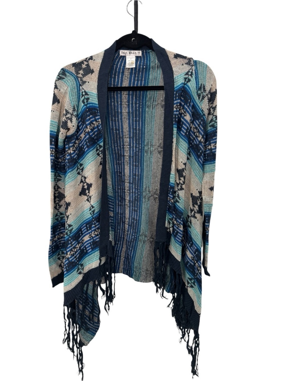 Say What? branded open front cardigan sweater with fringe hem women size S